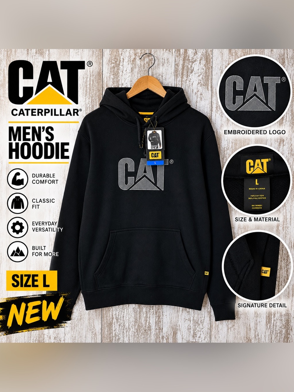 CAT Caterpillar Embroidered Logo Pullover Hoodie Men’s Large Black NWT